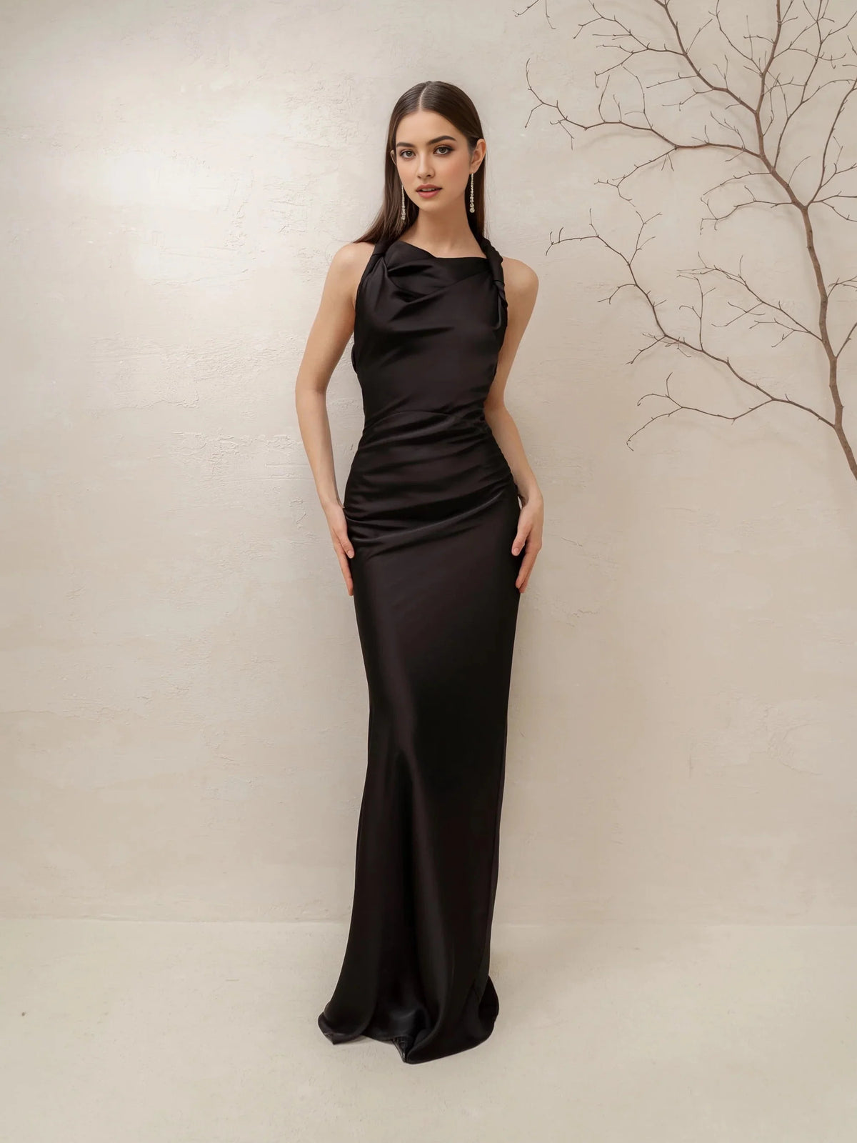 Ruched Bow Halter Neck Mermaid Maxi Satin Prom Dress for Formal Reception