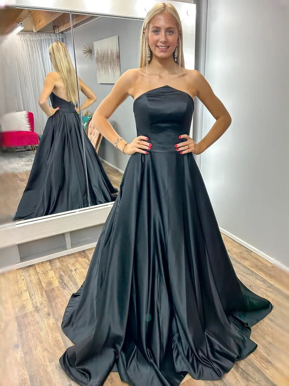 Black Draped Backless Sweetheart Ball-Gown Maxi Satin Prom Dress for Black Tie Event