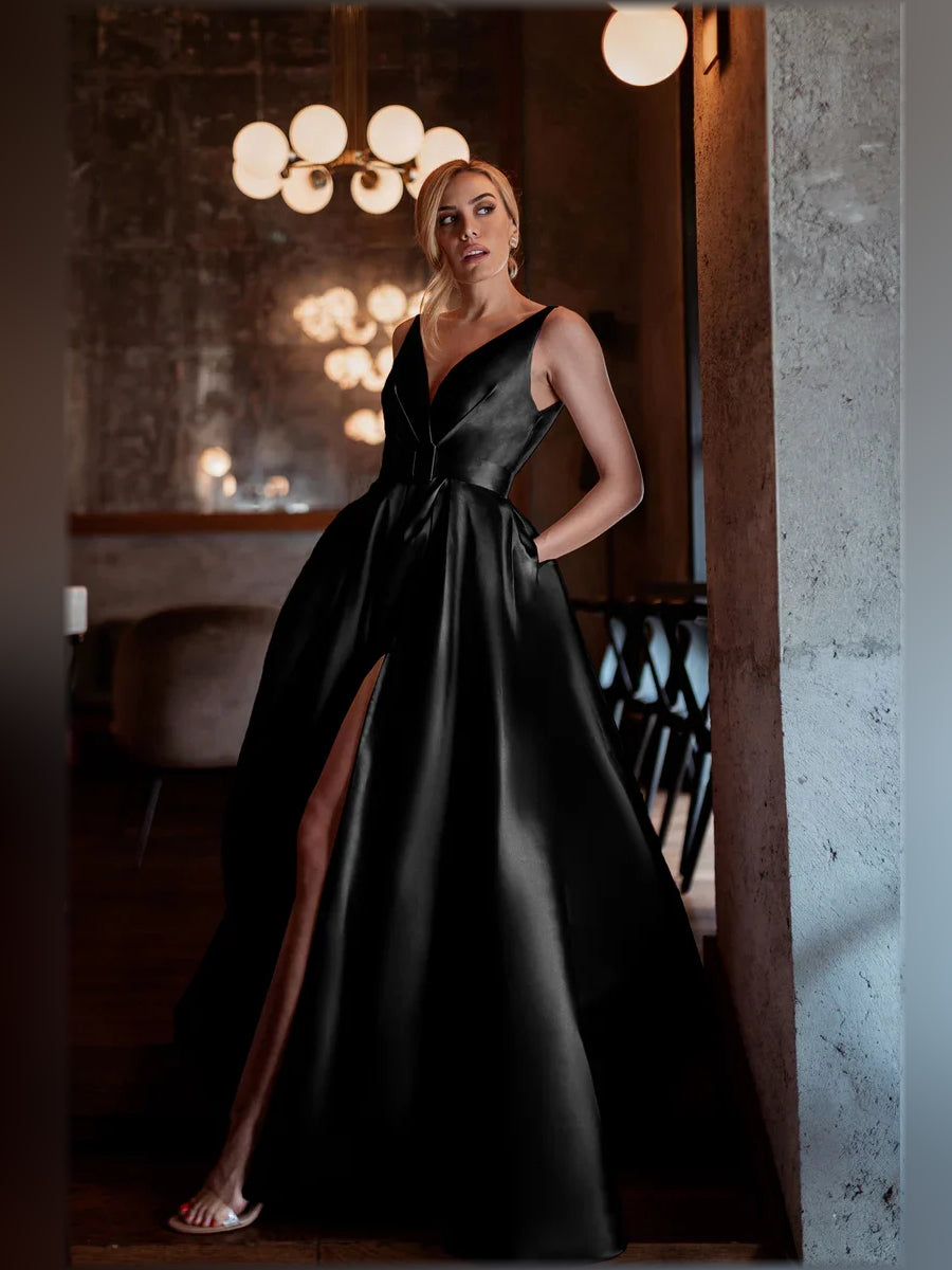 V Neck Slit A-Line Floor-Length Formal Dress