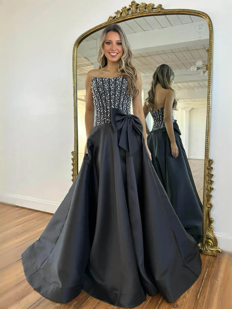 Black Bow Sweetheart A-Line Maxi Satin Prom Dress for Formal Dance