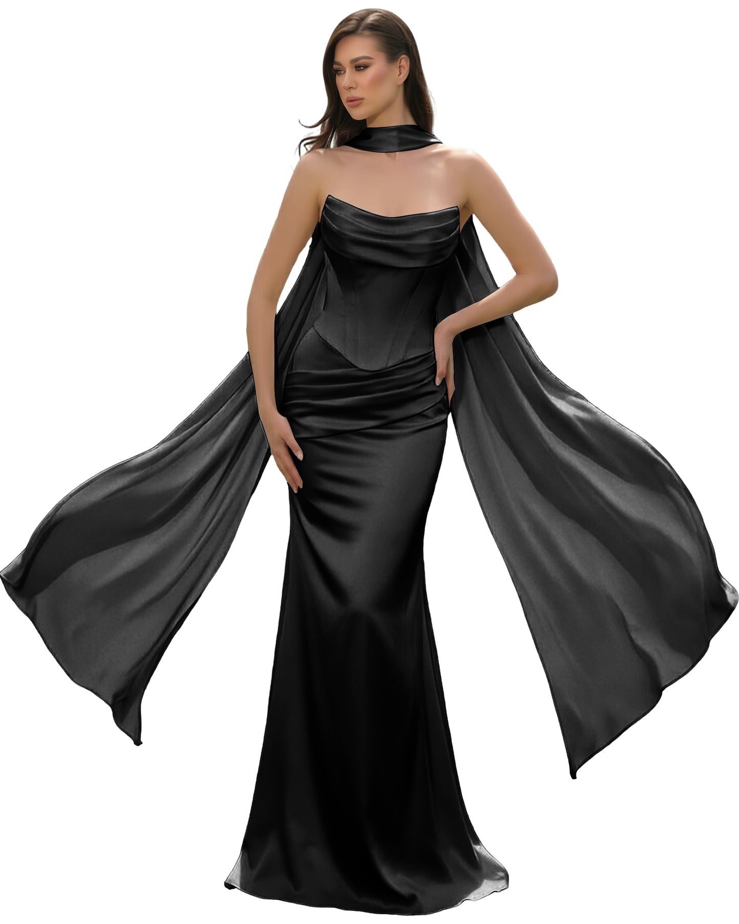 Satin Corset Mermaid Bridesmaid Dress with Cowl Neck and Dramatic Scarf