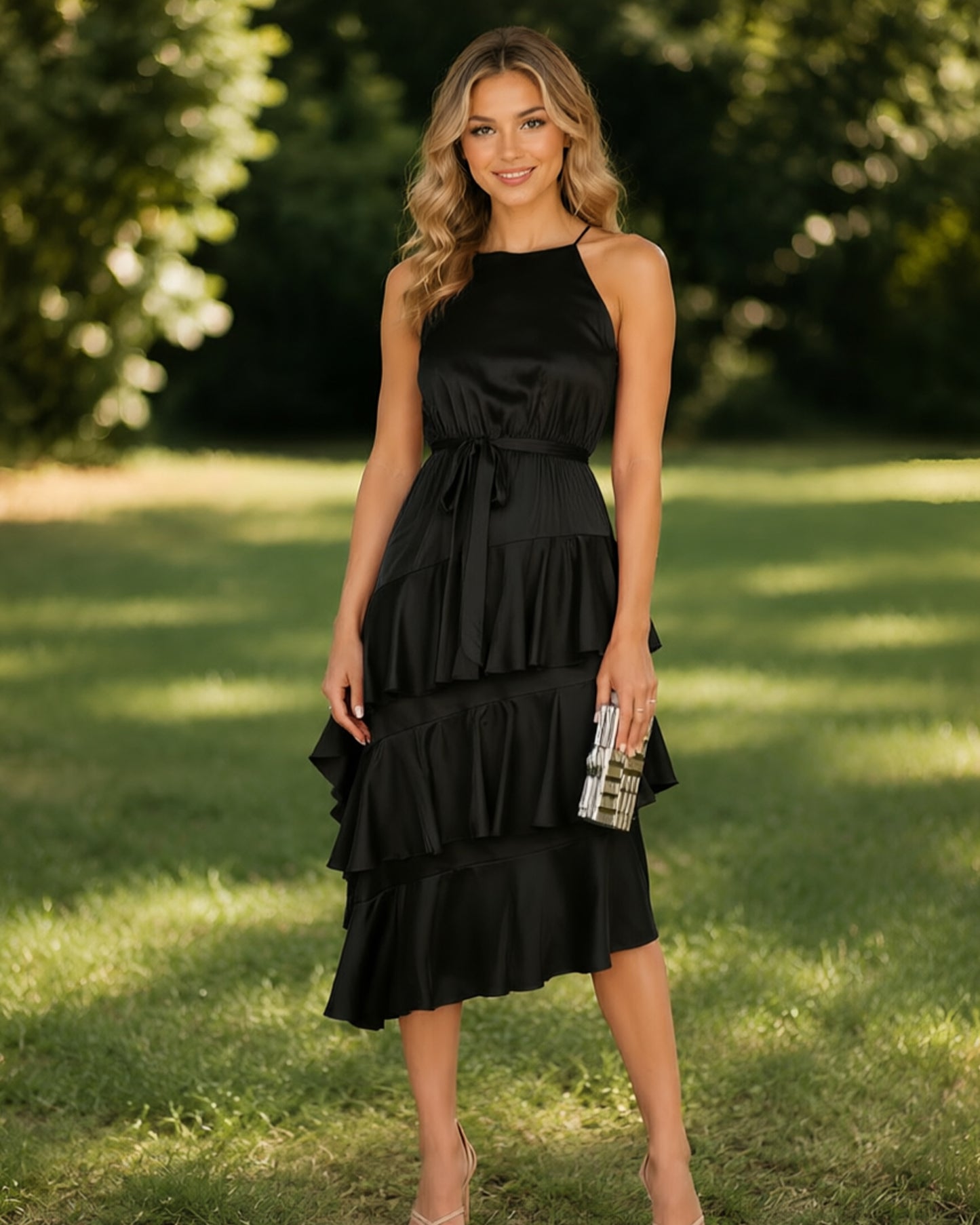 Halter Neck Tiered Ruffle Midi Bridesmaid Dress with Tie Waist