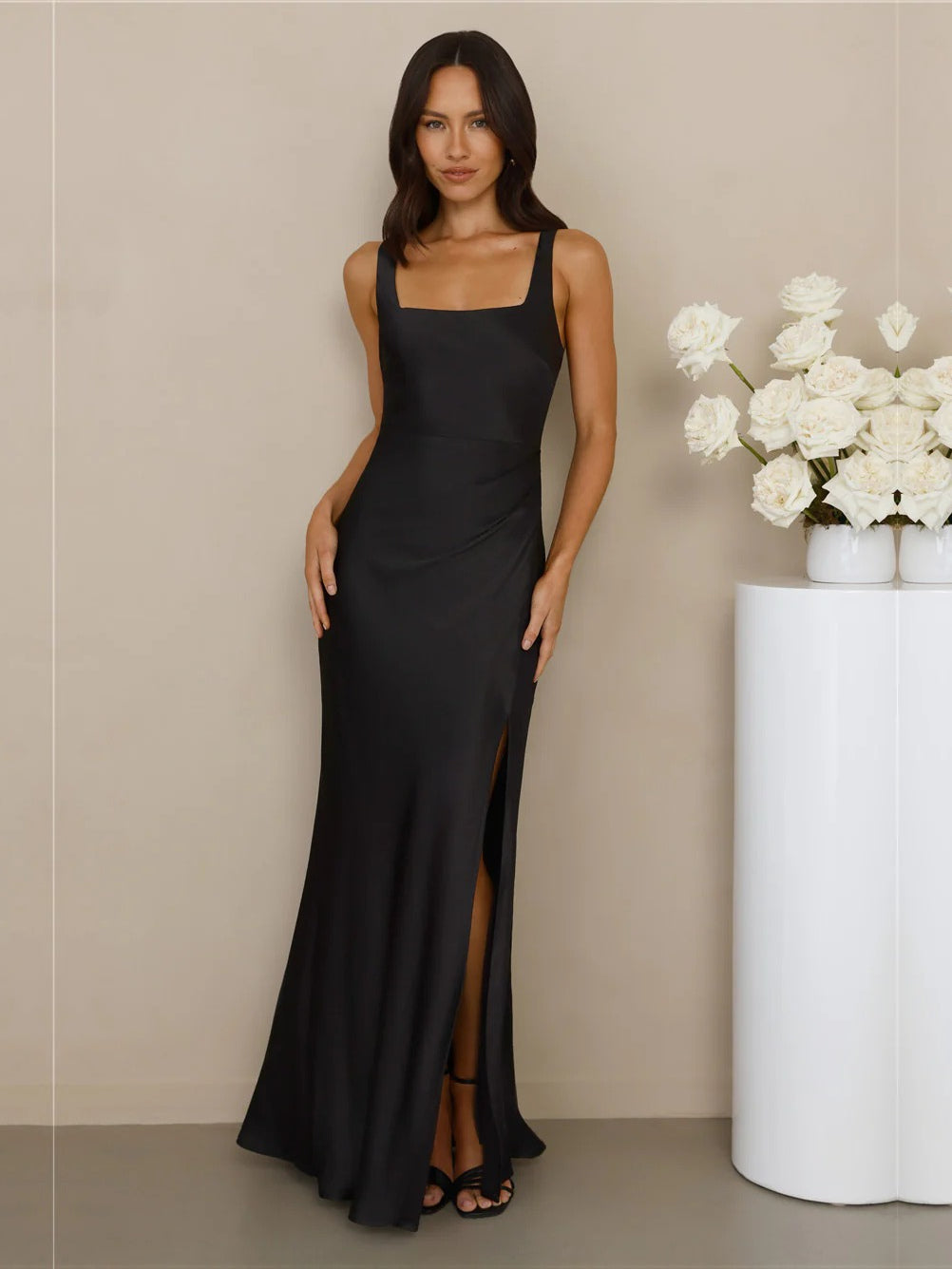 Black Square Neck Slit Sheath Maxi The Formal Dress