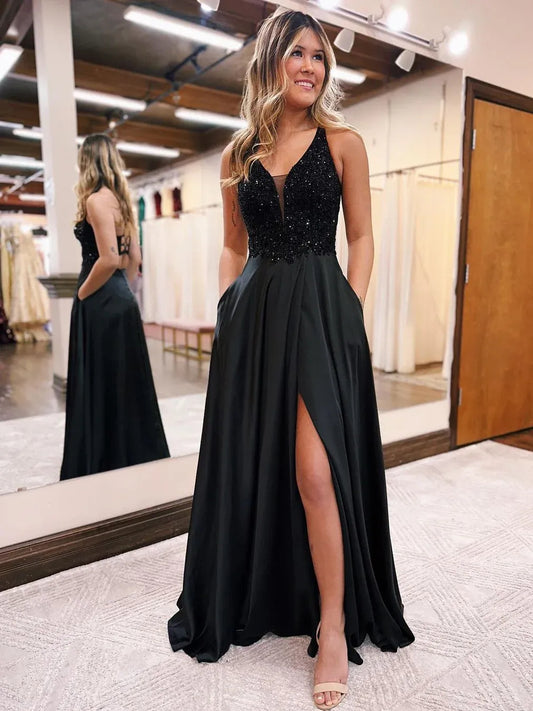 V Neck Spaghetti Strap Slit Floor-Length Formal Dress