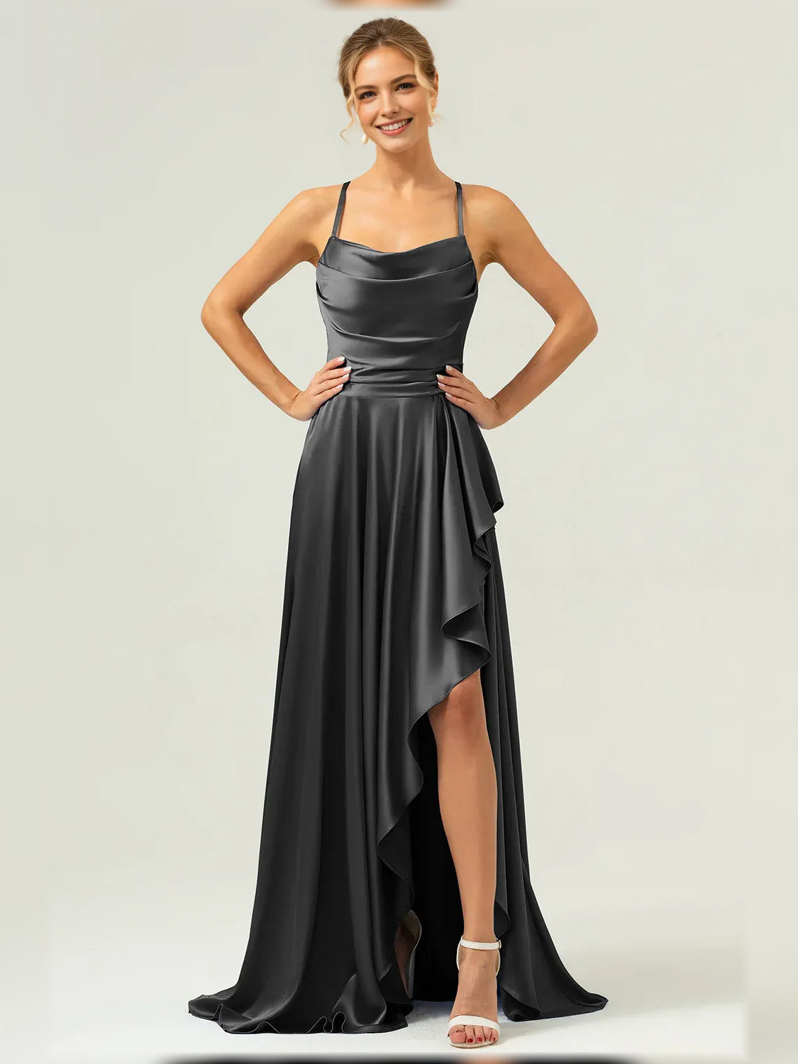 Cowl Neck Ruffles Slit Floor-Length Graceful Formal Dress