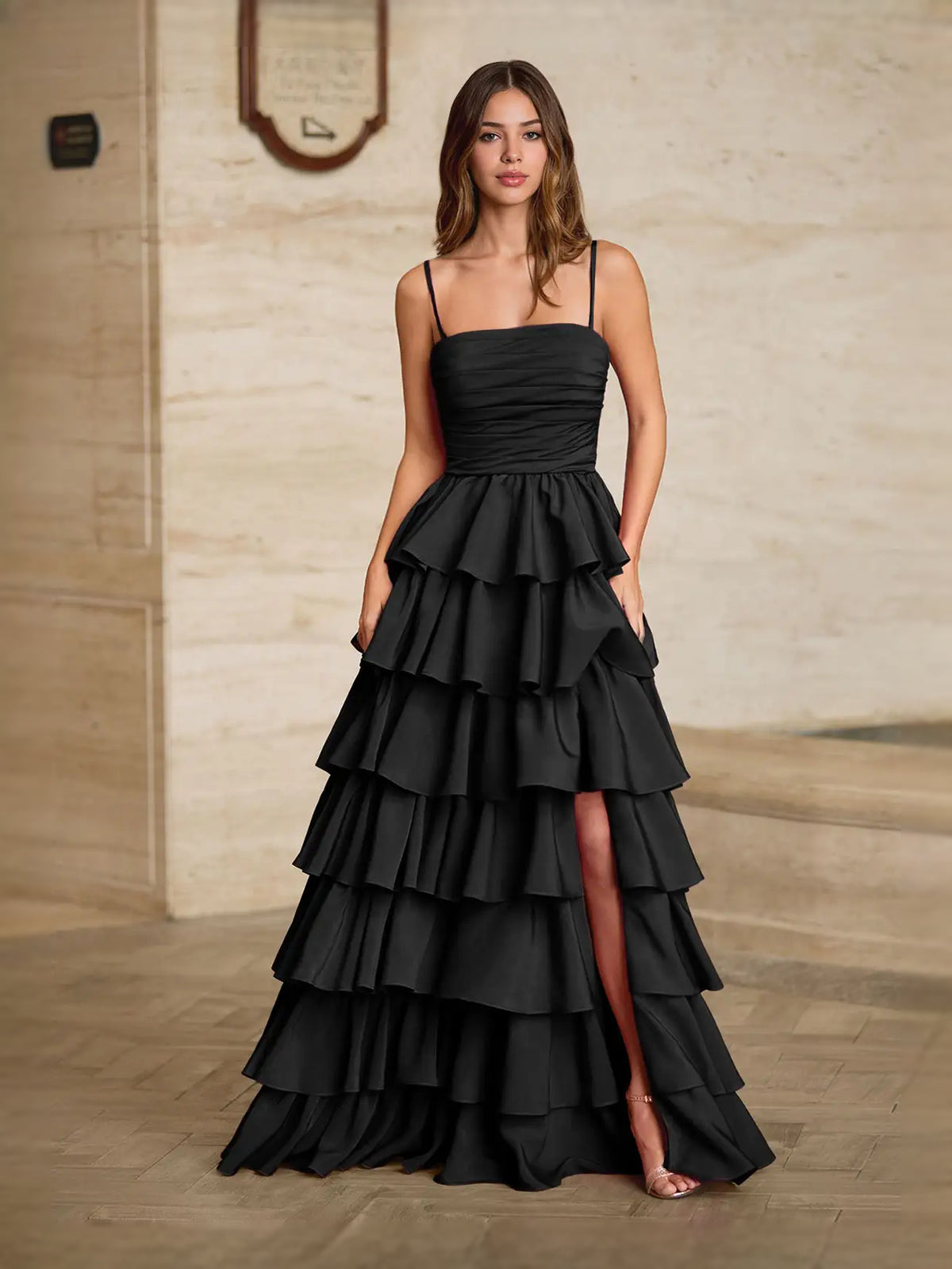 Ruched Ruffled Slit Strapless A-Line Maxi Satin Prom Dress for Senior Prom