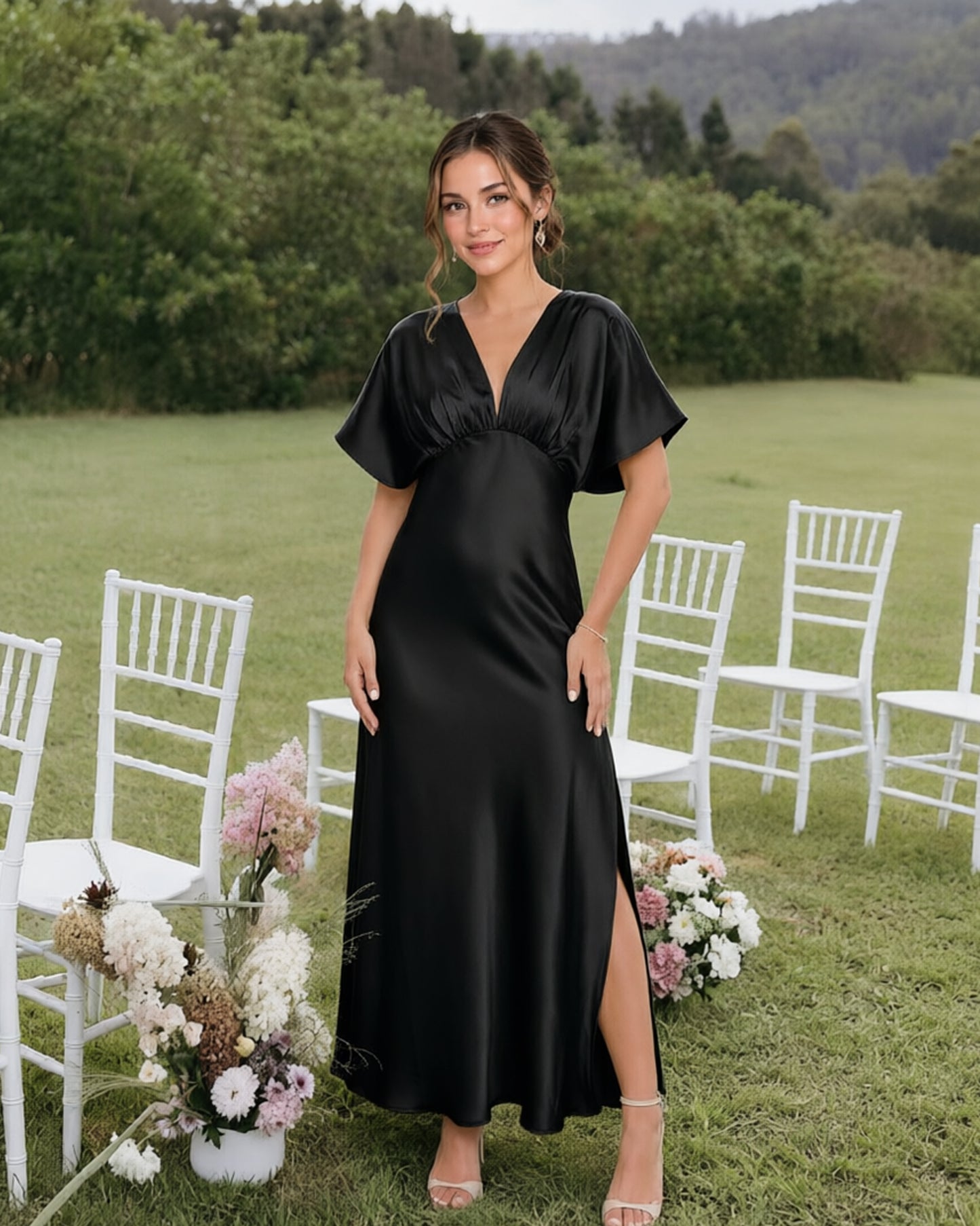 Empire Waist Satin Bridesmaid Dress with Flutter Sleeves and Side Slit