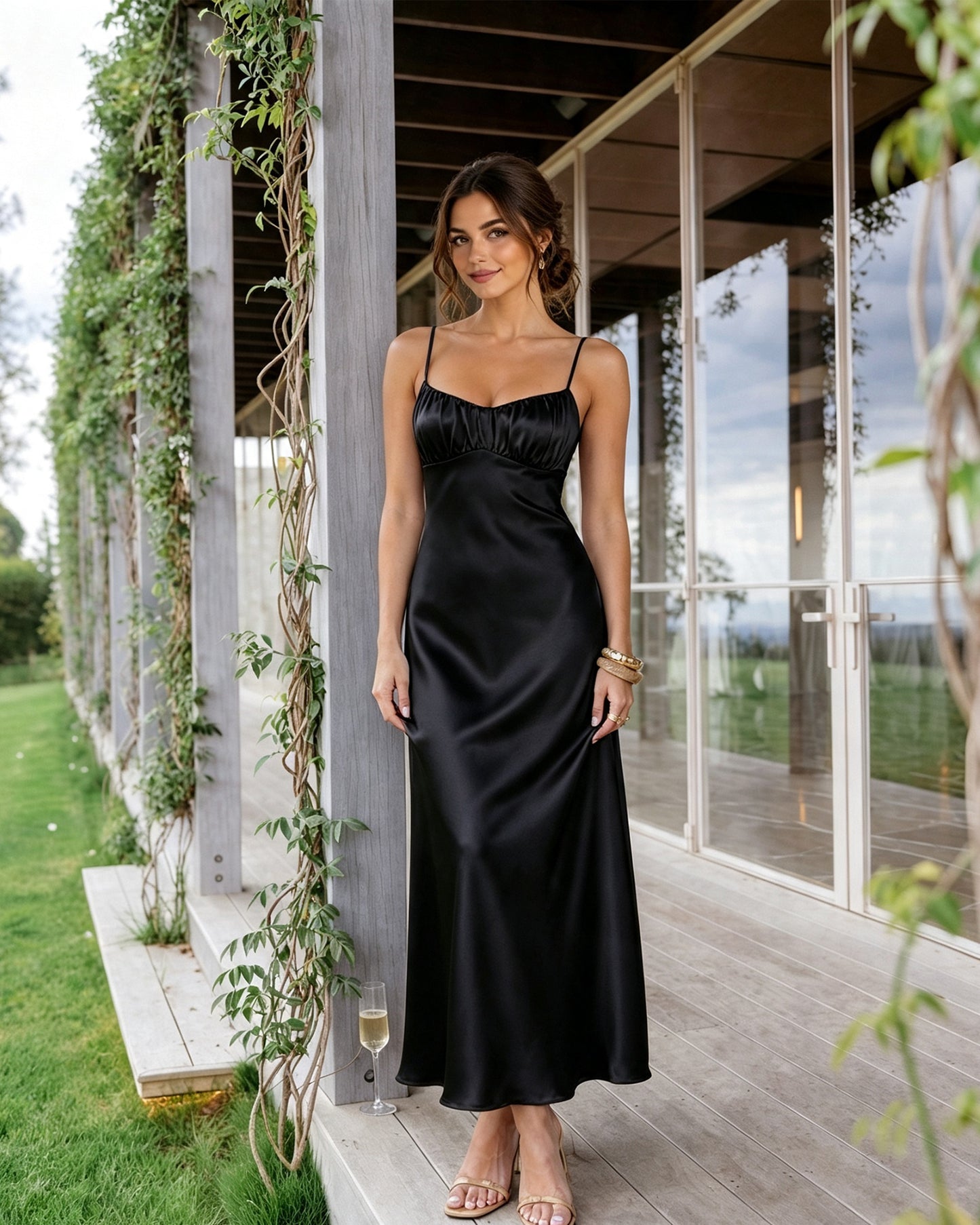 Spaghetti Strap Ruched Bust Satin Bridesmaid Dress with Tie-Back