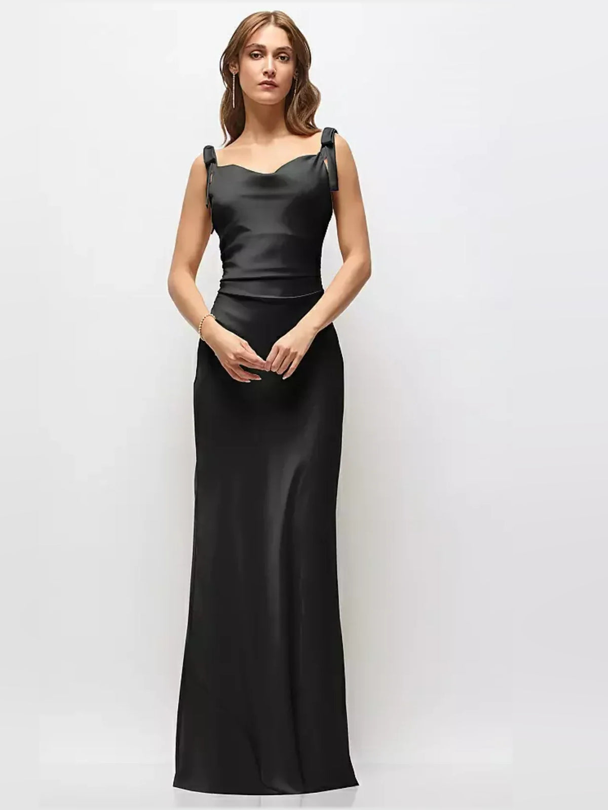 Ruched Bow Strapless Bodycon Maxi Satin Bridesmaid Dress for Bridal Party