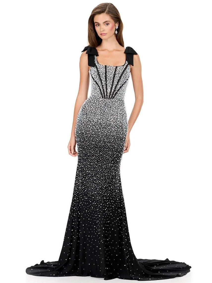 Corset Bow Square Neck Mermaid Floor-Length Satin Prom Dress for Charity Ball