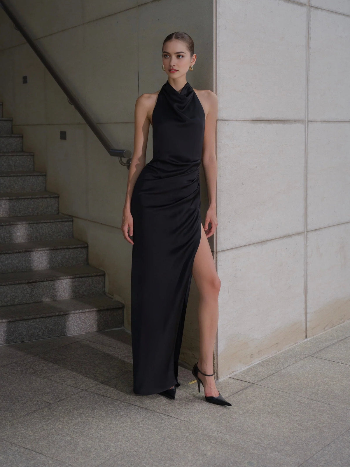 Ruched Draped Slit Halter Neck Sheath Floor-Length Satin Wedding Dress for Bridal Portraits
