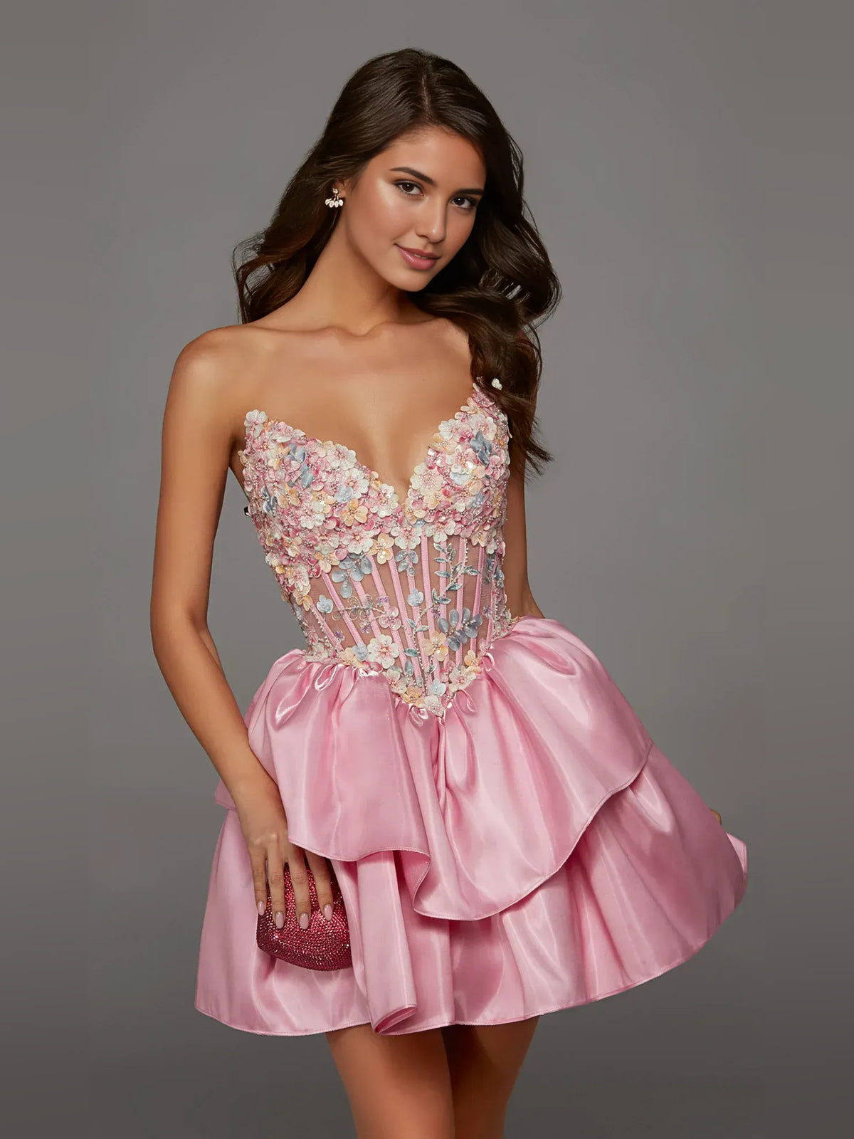 Corset Flower-Applique Floral Strapless A-Line Mini Satin Homecoming Dress for Formal Ceremony