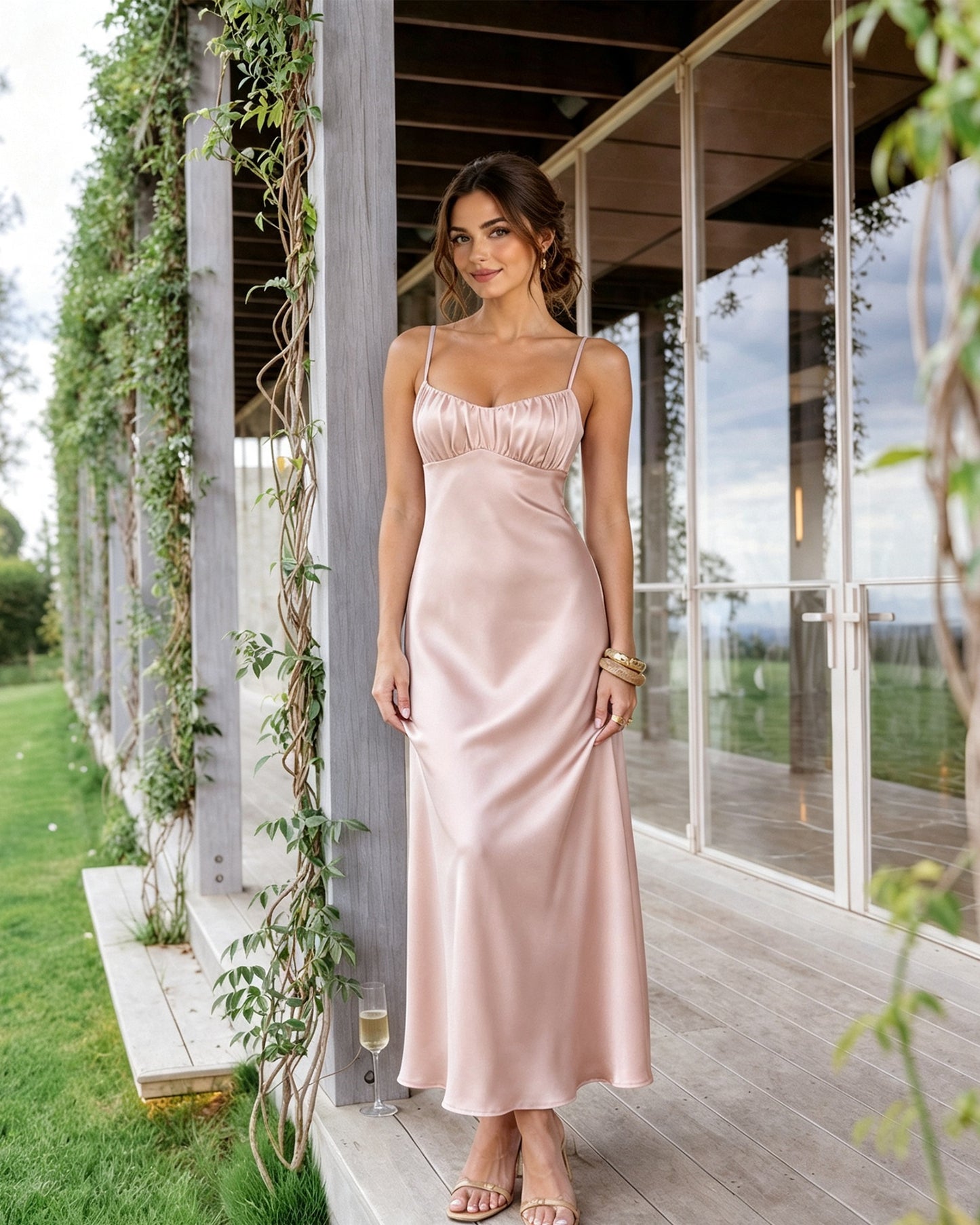 Spaghetti Strap Ruched Bust Satin Bridesmaid Dress with Tie-Back
