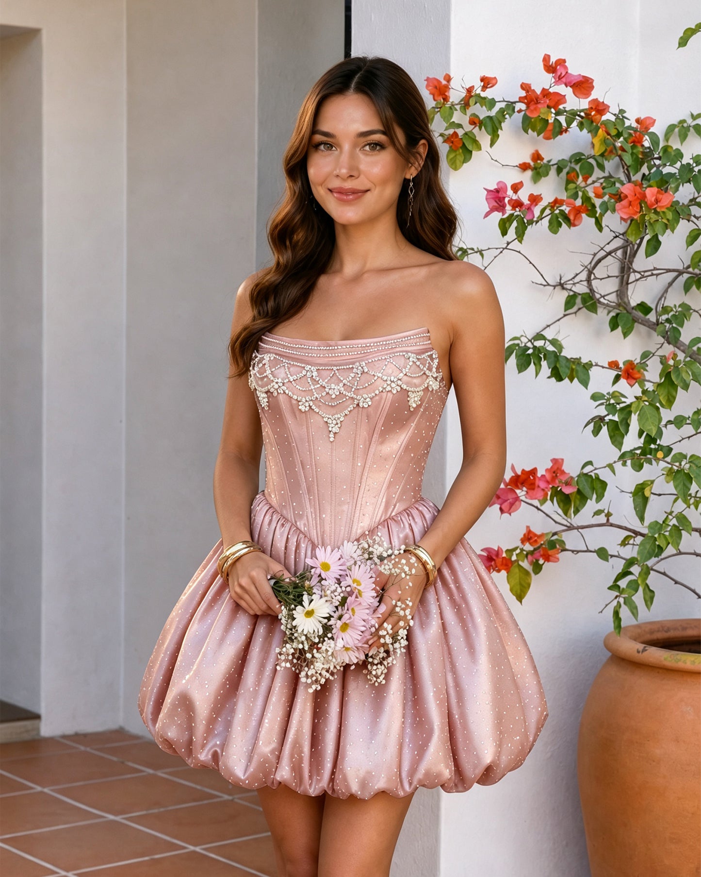Strapless Beaded Corset Bubble Hem Homecoming Dress