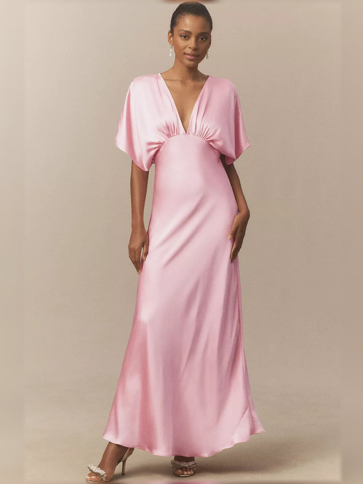 V Neck Column Maxi Satin Bridesmaid Dress for Garden Wedding