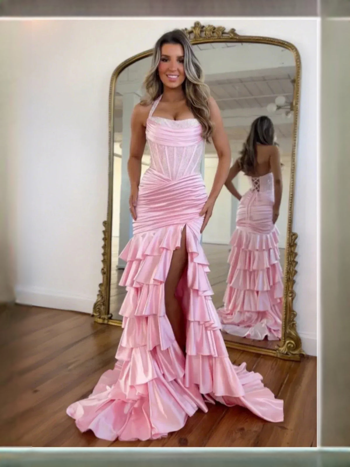 Corset Front-Slit Ruffled Slit Halter Neck Mermaid Floor-Length Satin Prom Dress for Special Occasion