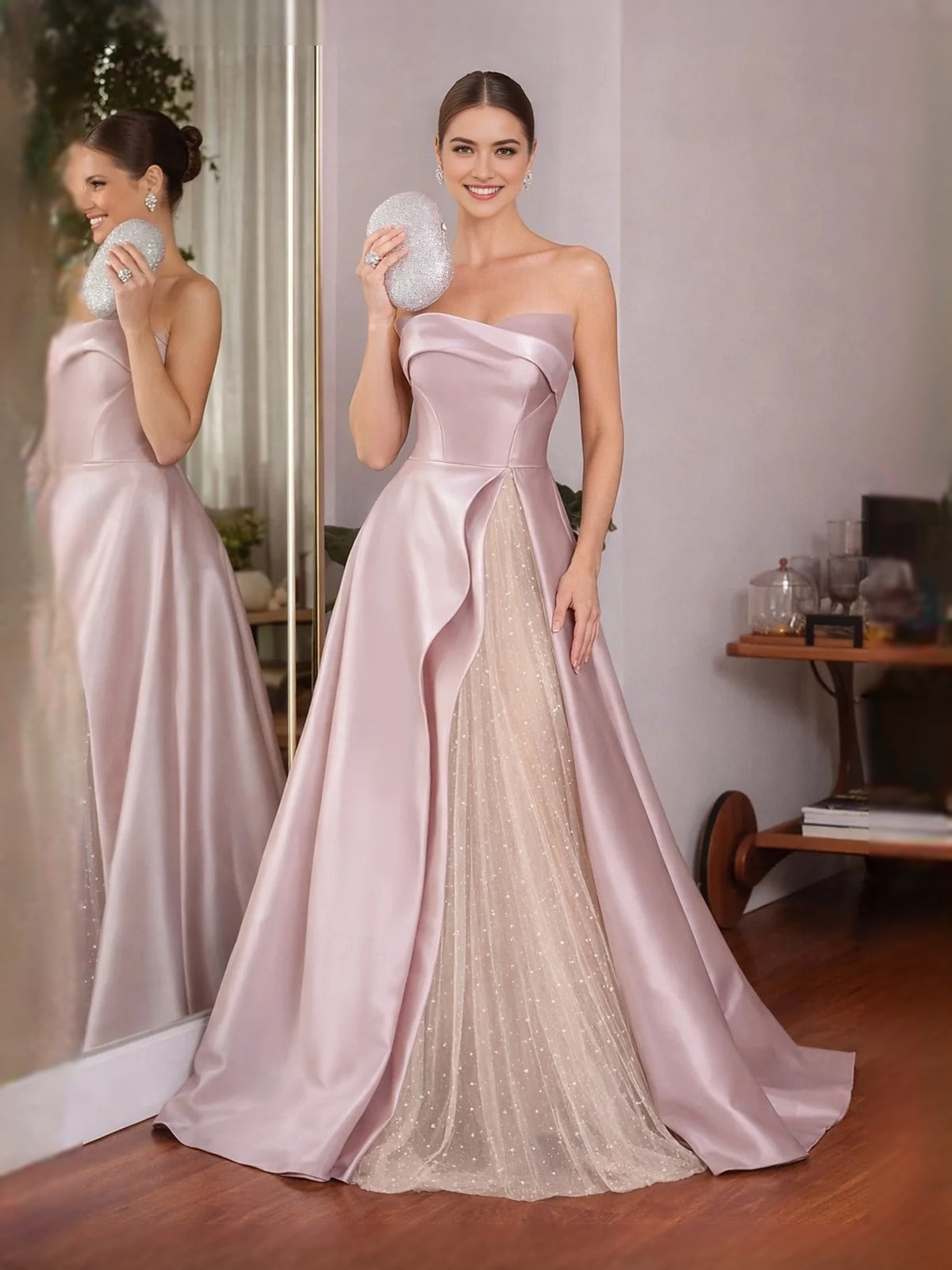 Blush Pink Ruffled Glitter Sweetheart A-Line Maxi Satin Prom Dress for Winter Formal
