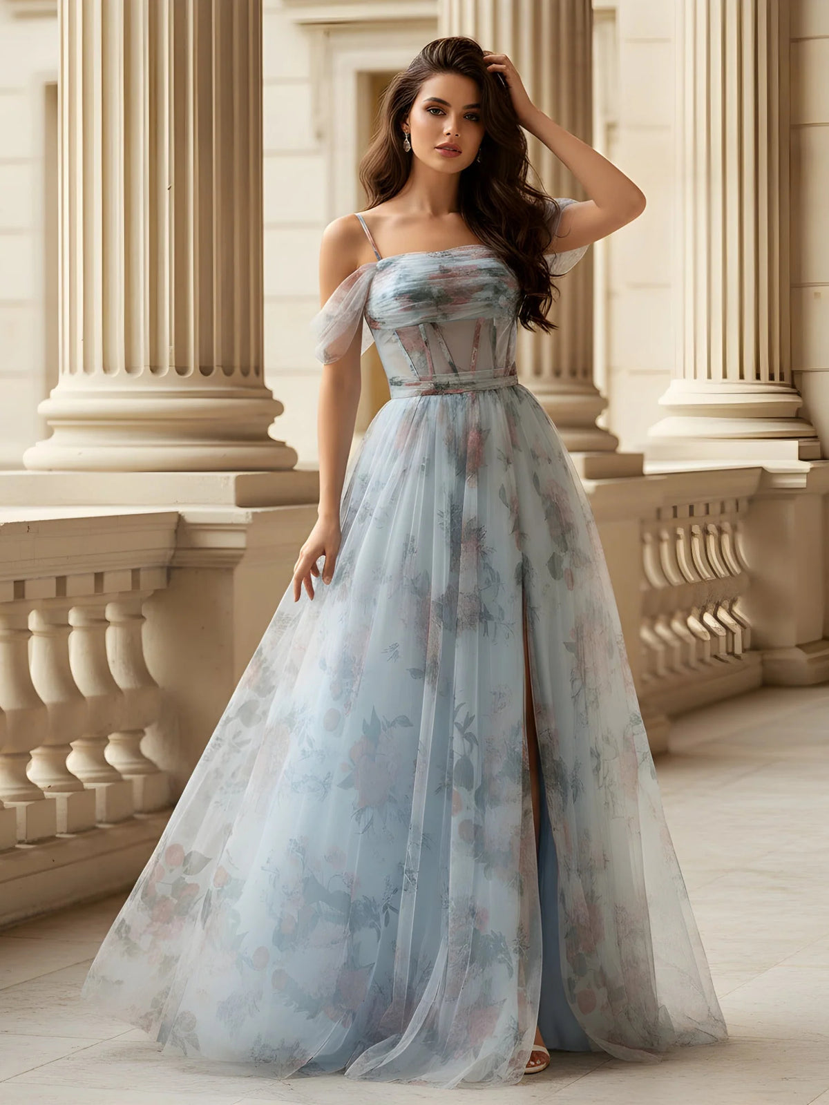 Floral Print Off-The-Shoulder Corset Floor-Length Light Formal Dress
