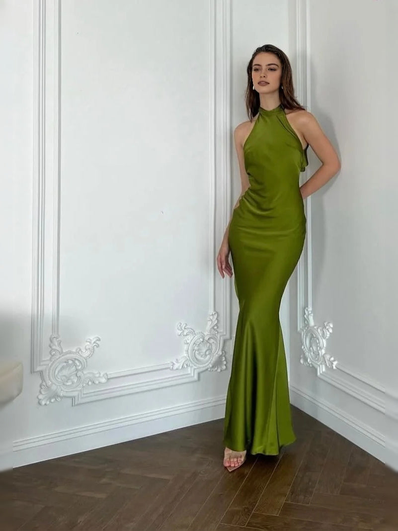 Draped Backless Halter Neck Mermaid Floor-Length Satin Prom Dress for Special Occasion