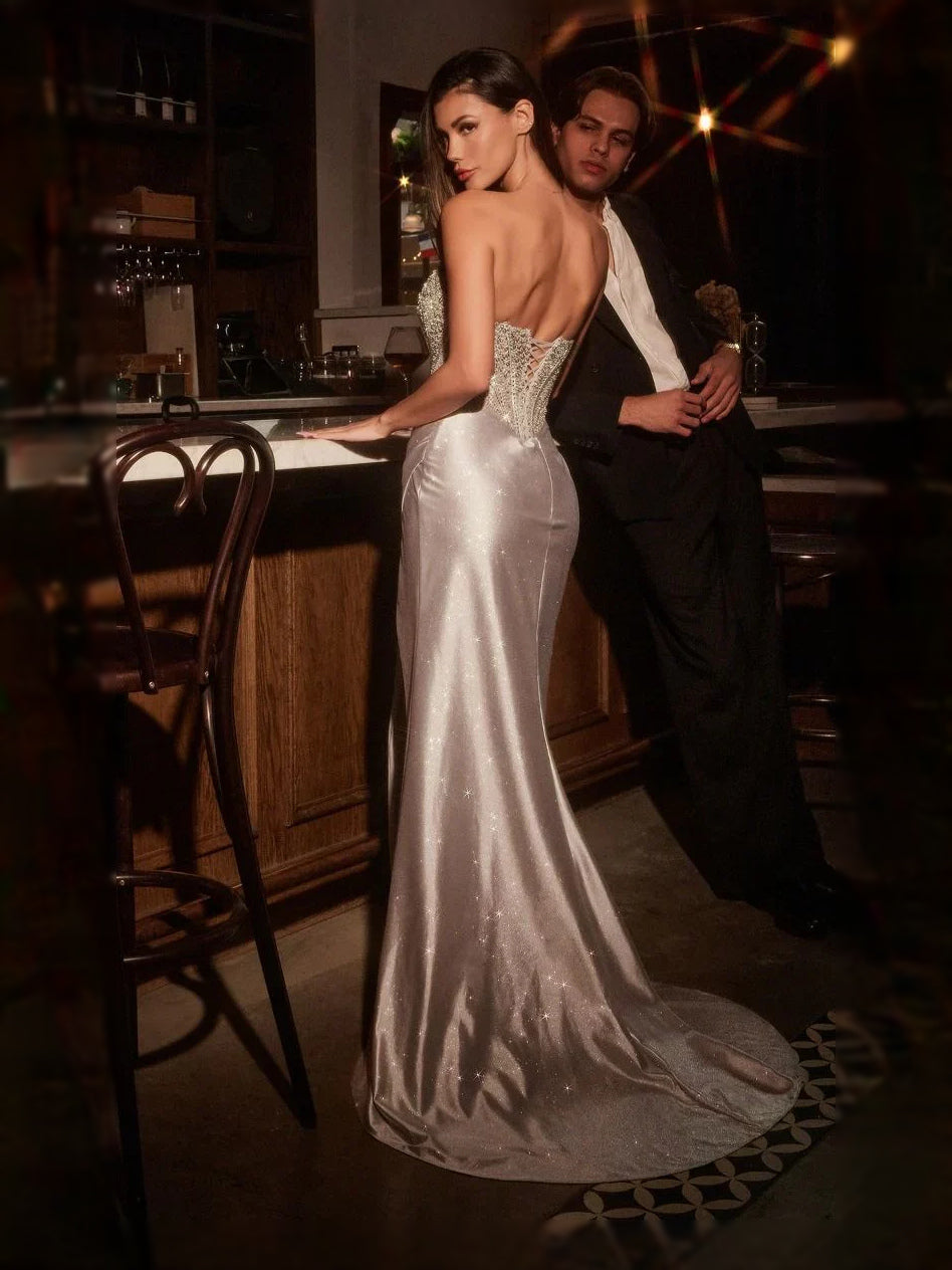 Corset Beaded Slit Sweetheart Mermaid Maxi Satin Prom Dress for Special Occasion