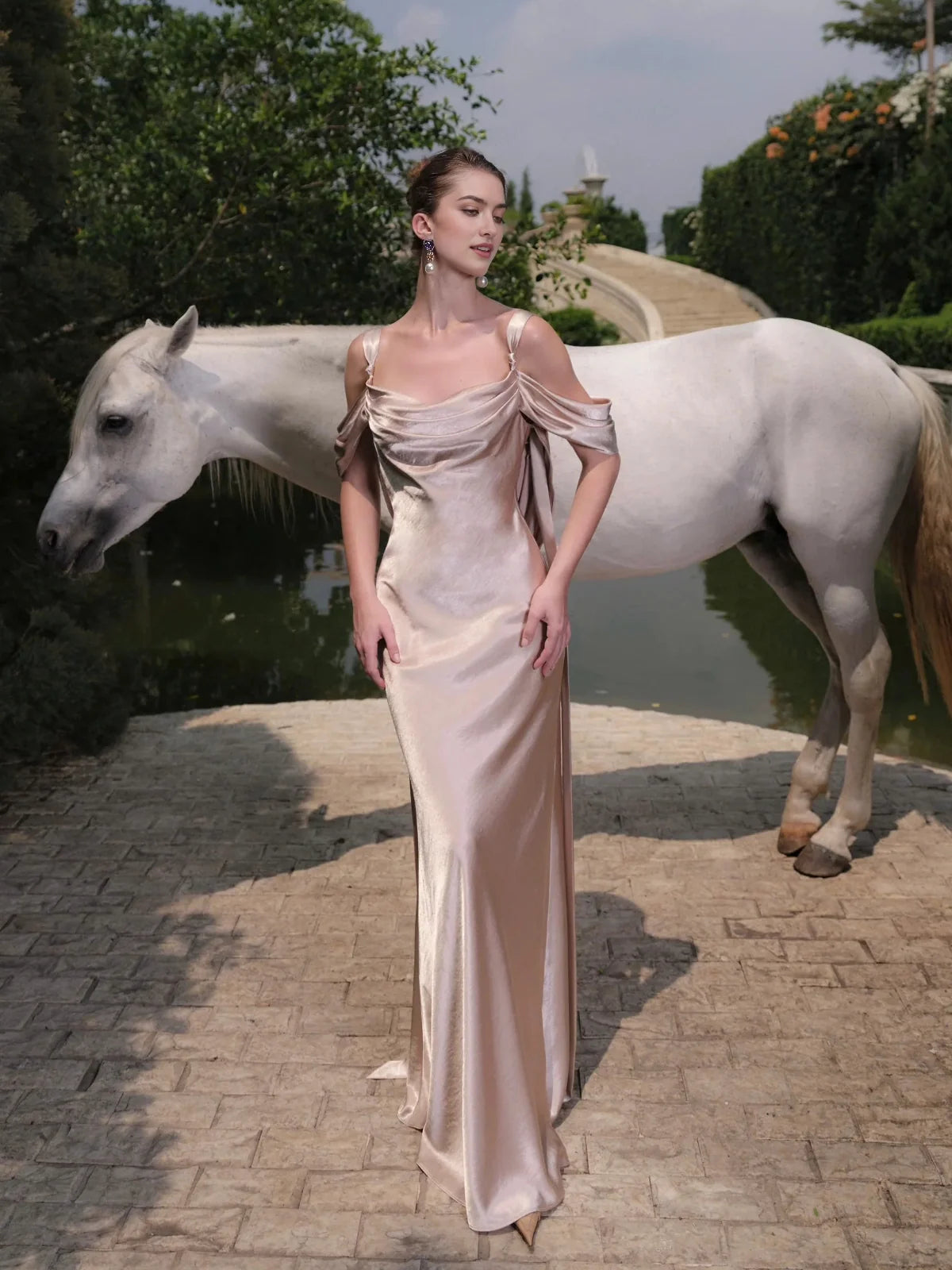 Draped Off Shoulder Mermaid Floor-Length Satin Wedding Dress for Garden Wedding