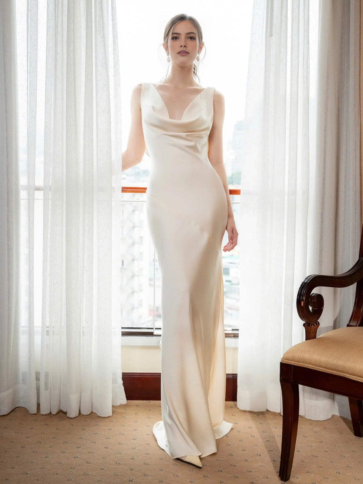 Draped Slit Cowl Neck Mermaid Floor-Length Satin Prom Dress for Gala