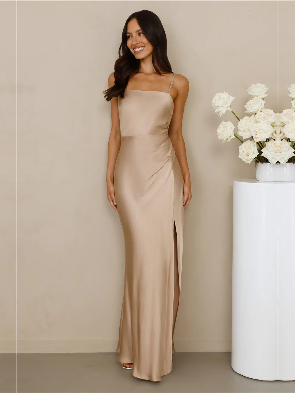 Champagne Strapless Slit Sheath Maxi Formal Dress