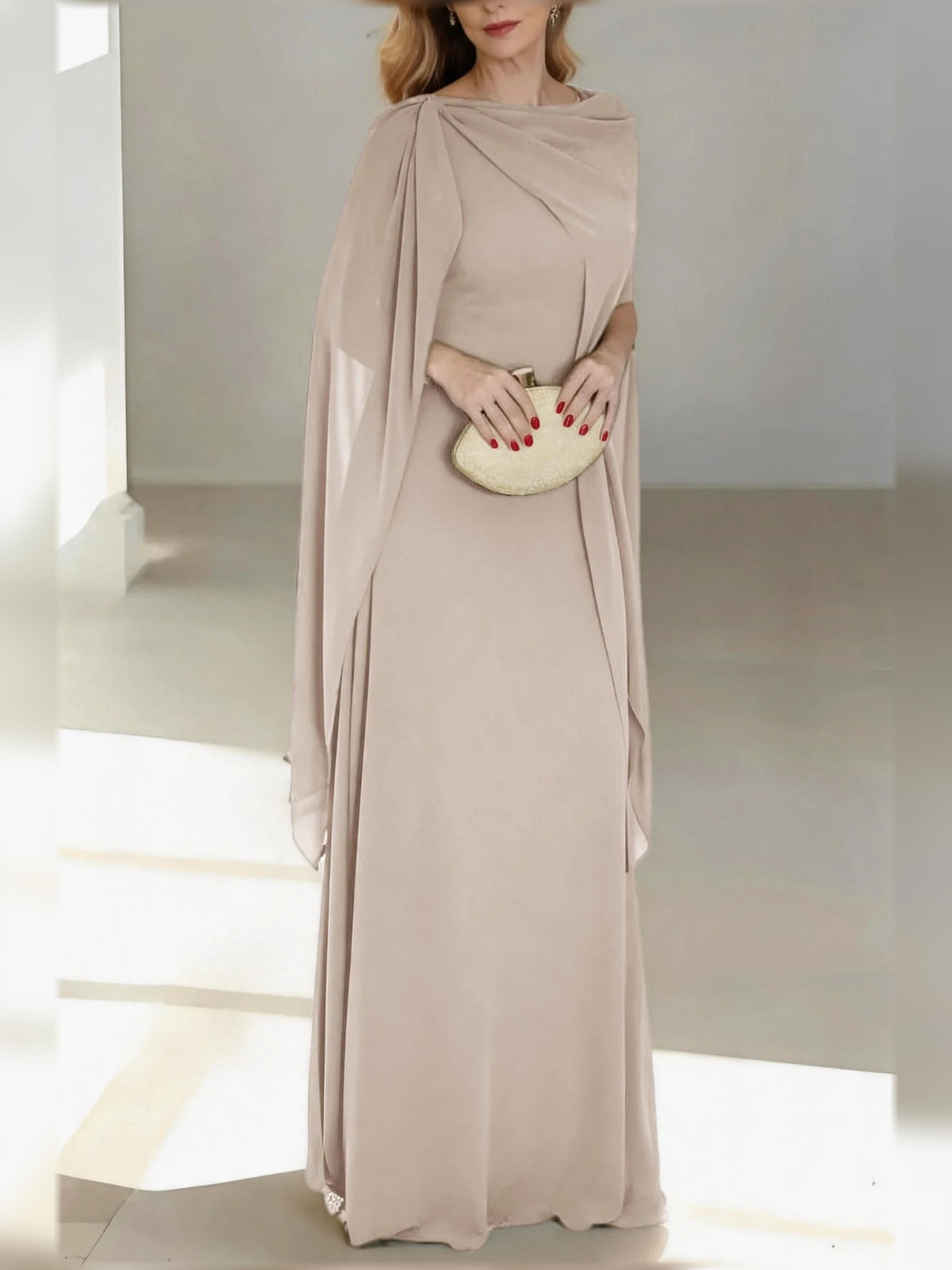 Draped V Neck A-Line Floor-Length Chiffon Mother of the Bride Dress for Wedding Ceremony