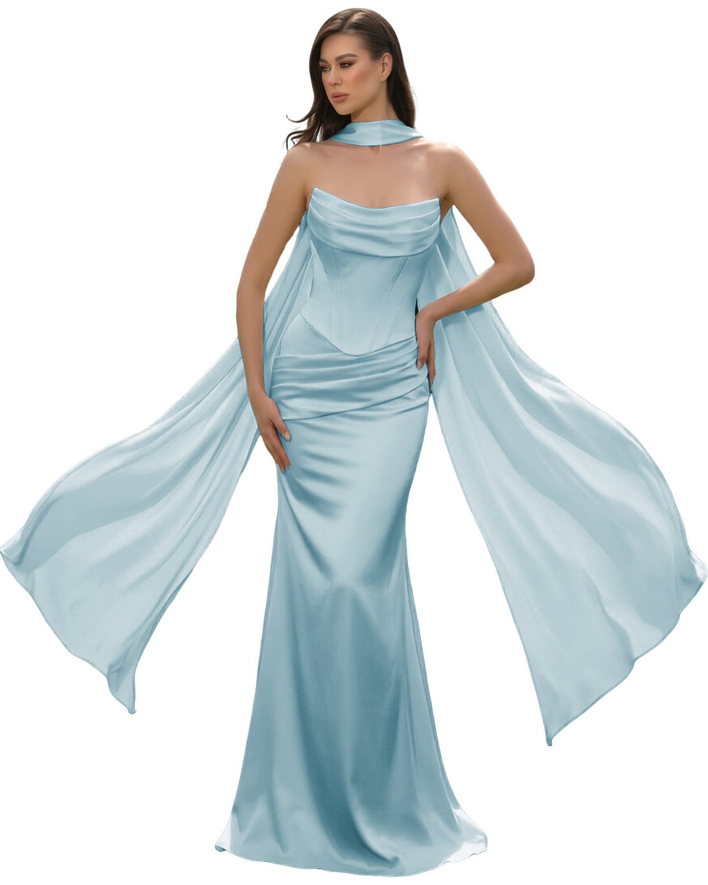Satin Corset Mermaid Bridesmaid Dress with Cowl Neck and Dramatic Scarf