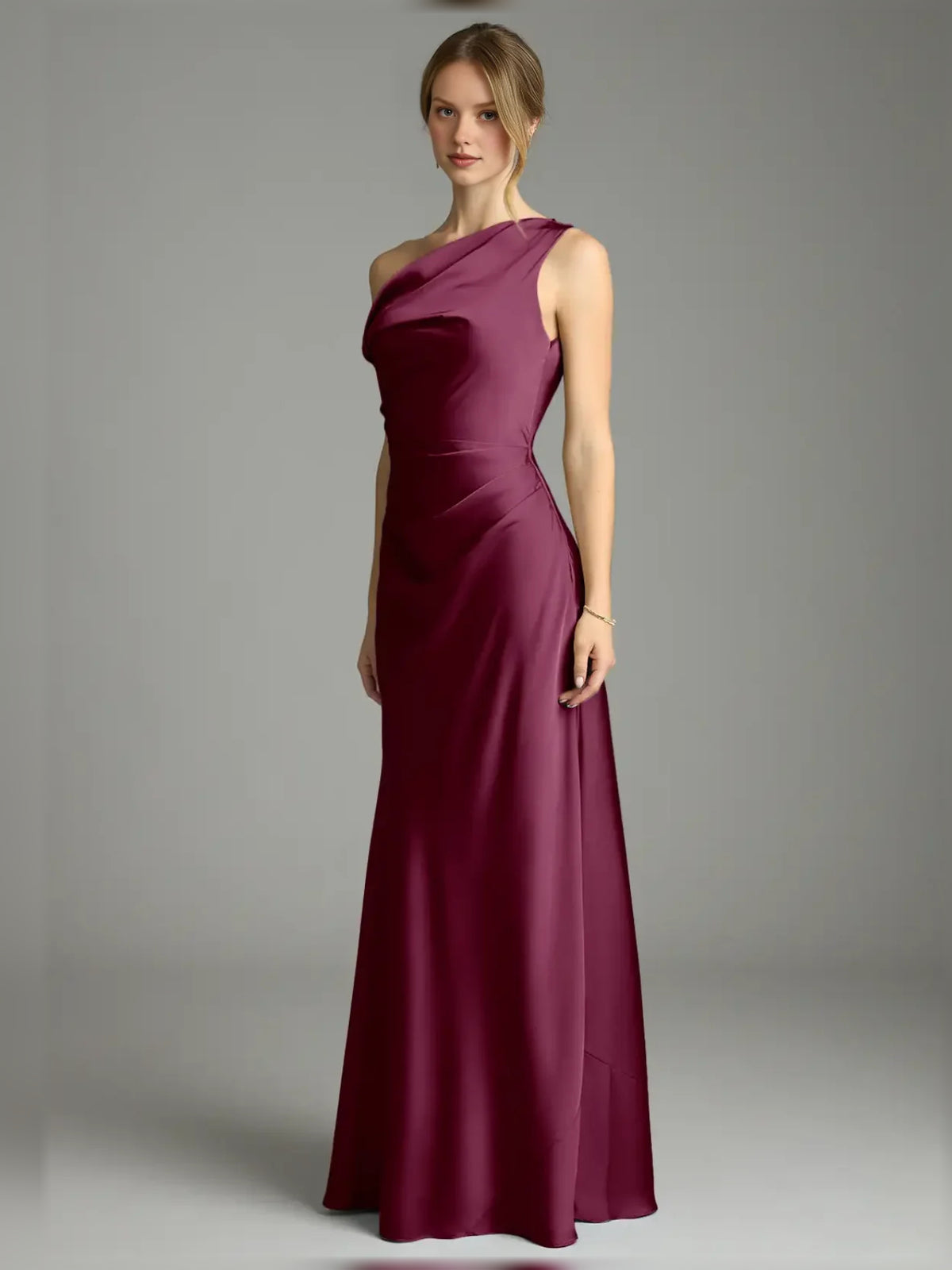 Pleated Off Shoulder Mermaid Floor-Length Stretch Satin Bridesmaid Dress for Wedding Reception
