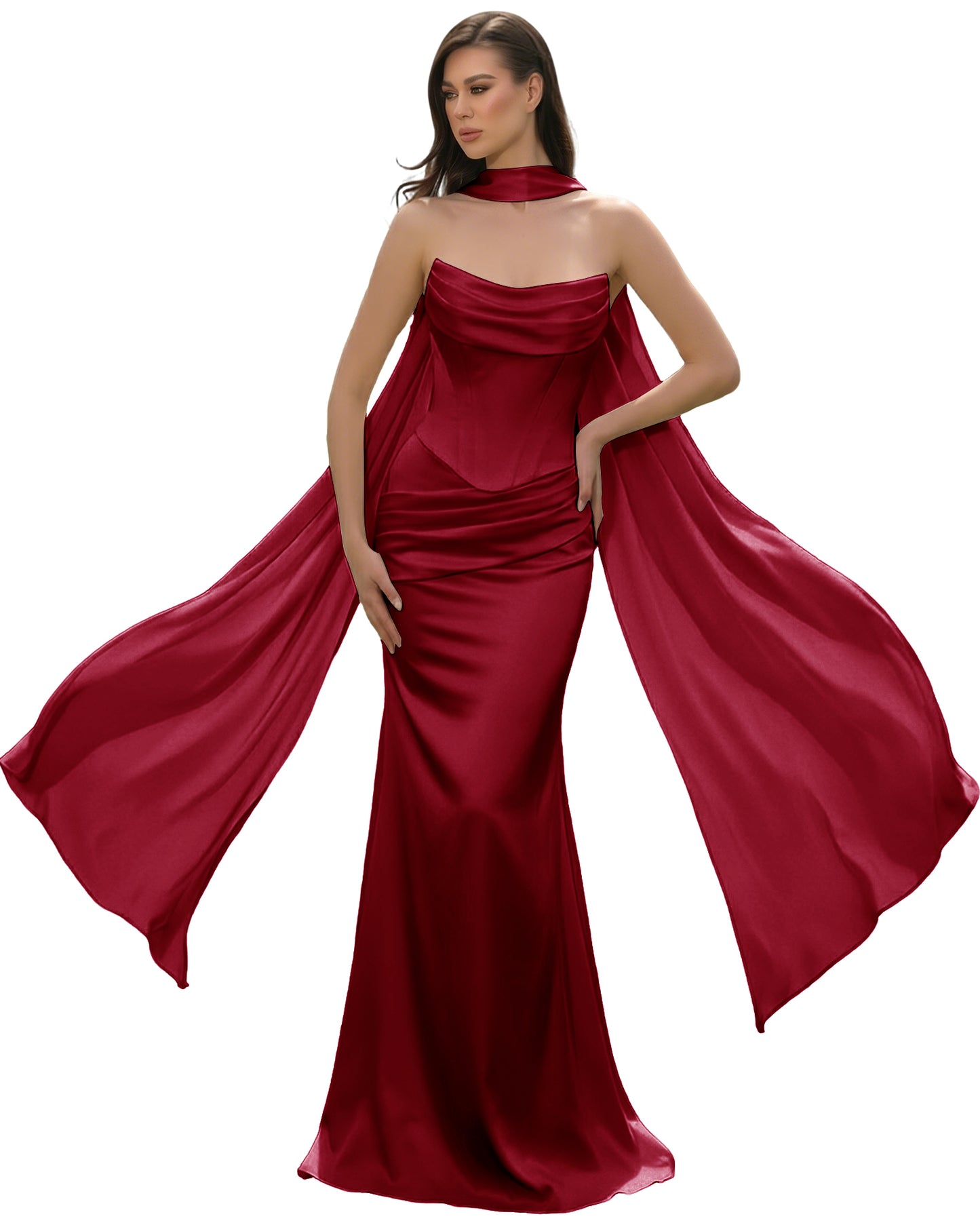 Satin Corset Mermaid Bridesmaid Dress with Cowl Neck and Dramatic Scarf