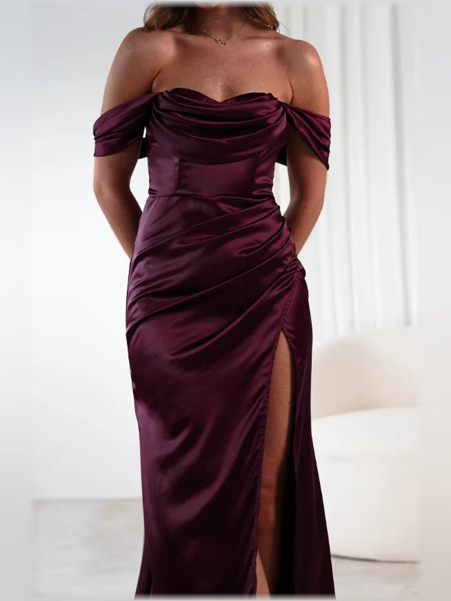 Off-The-Shoulder Slit Sheath Floor-Length Elegant Formal Dress