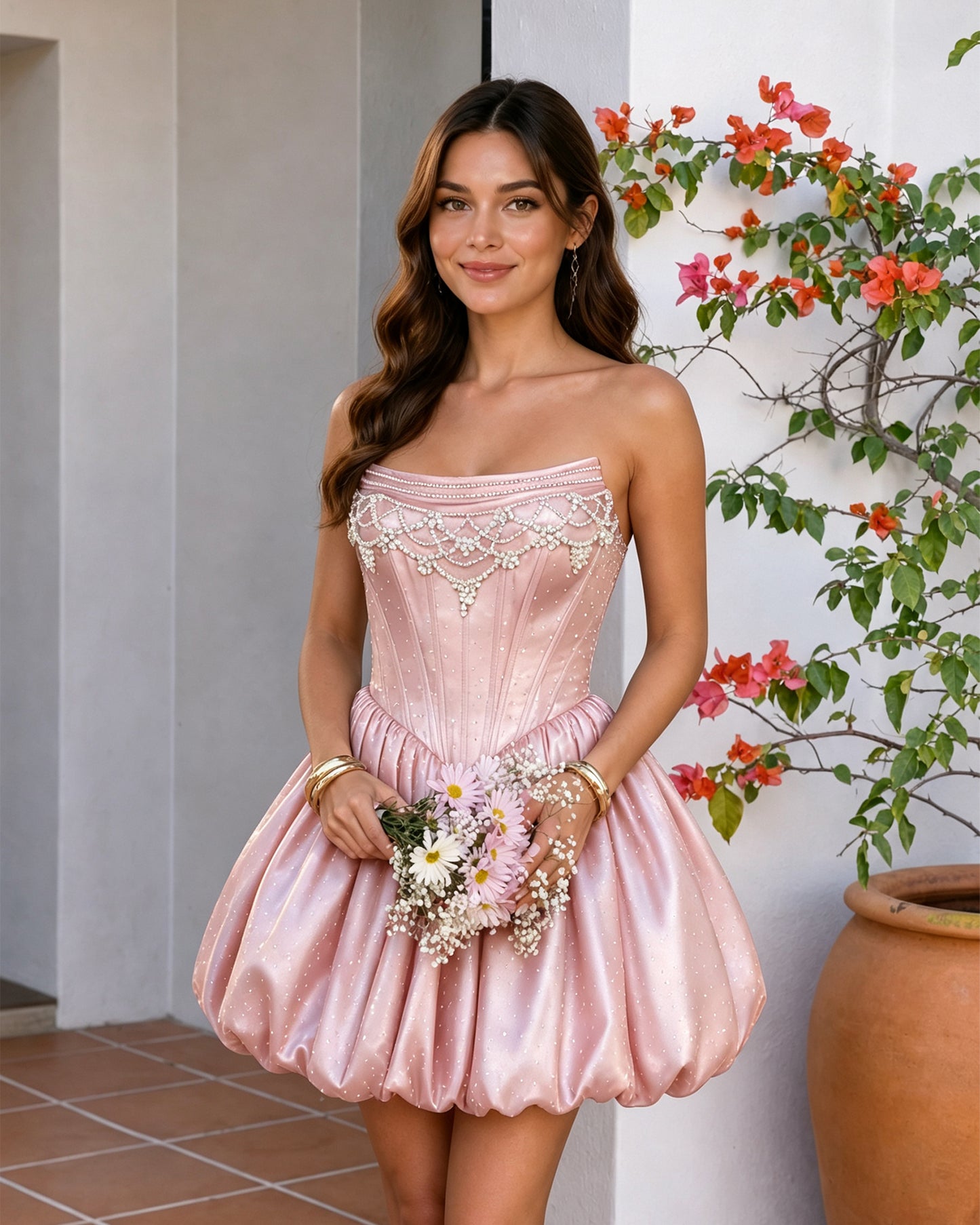 Strapless Beaded Corset Bubble Hem Homecoming Dress