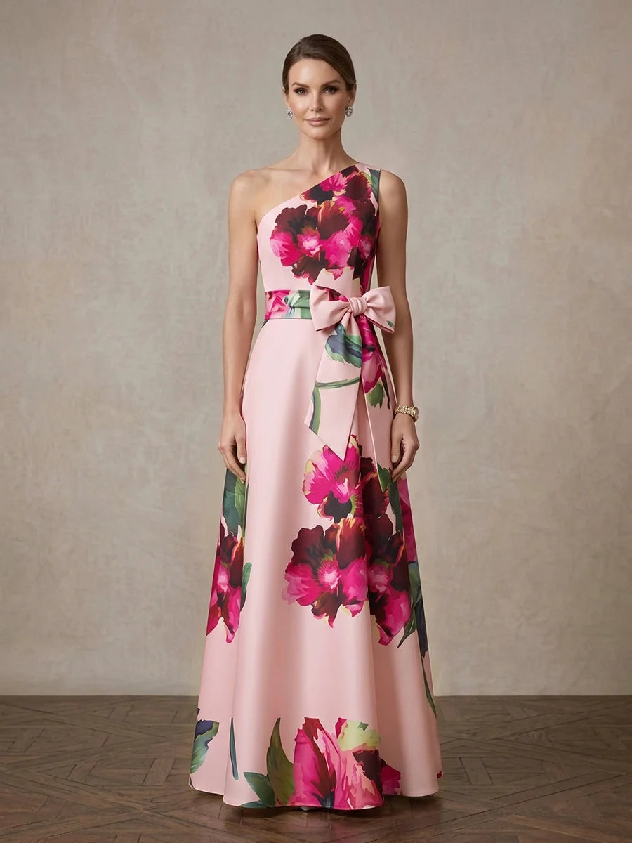 Bow Floral One Shoulder A-Line Floor-Length Satin Mother of the Bride Dress for Evening Wedding
