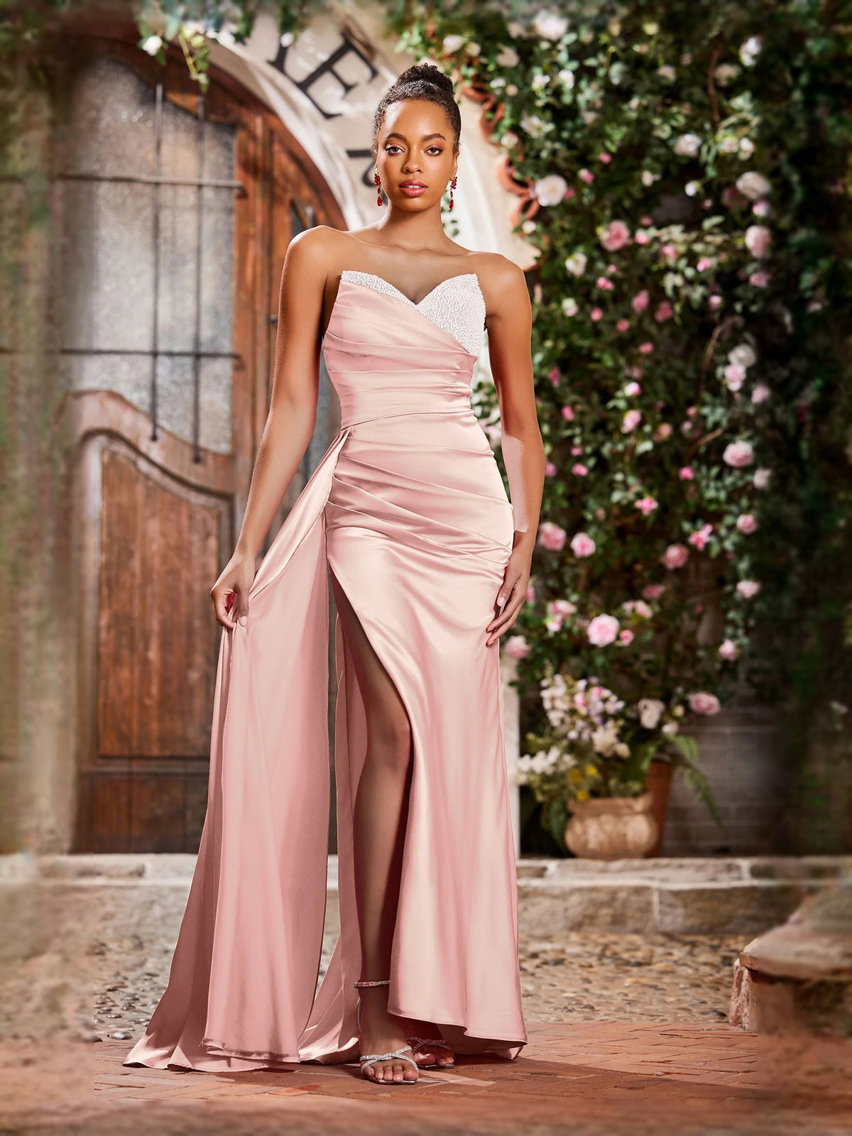 Draped Corset Slit Sweetheart Mermaid Maxi Satin Prom Dress for Pageant