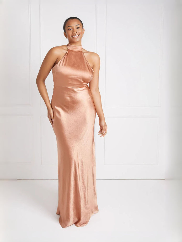 Cut-Out Halter Neck Column Floor-Length Satin Bridesmaid Dress for Garden Wedding
