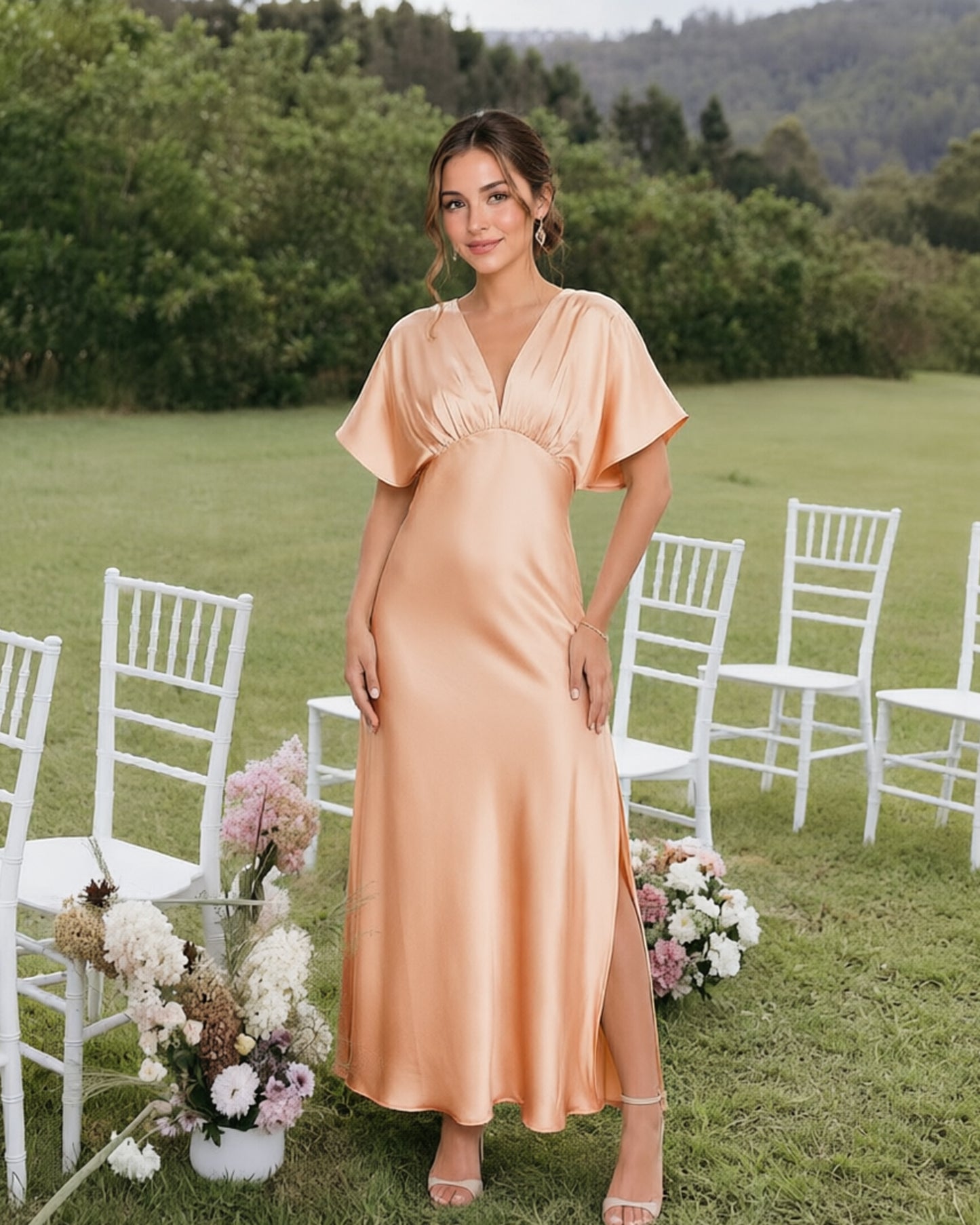 Empire Waist Satin Bridesmaid Dress with Flutter Sleeves and Side Slit