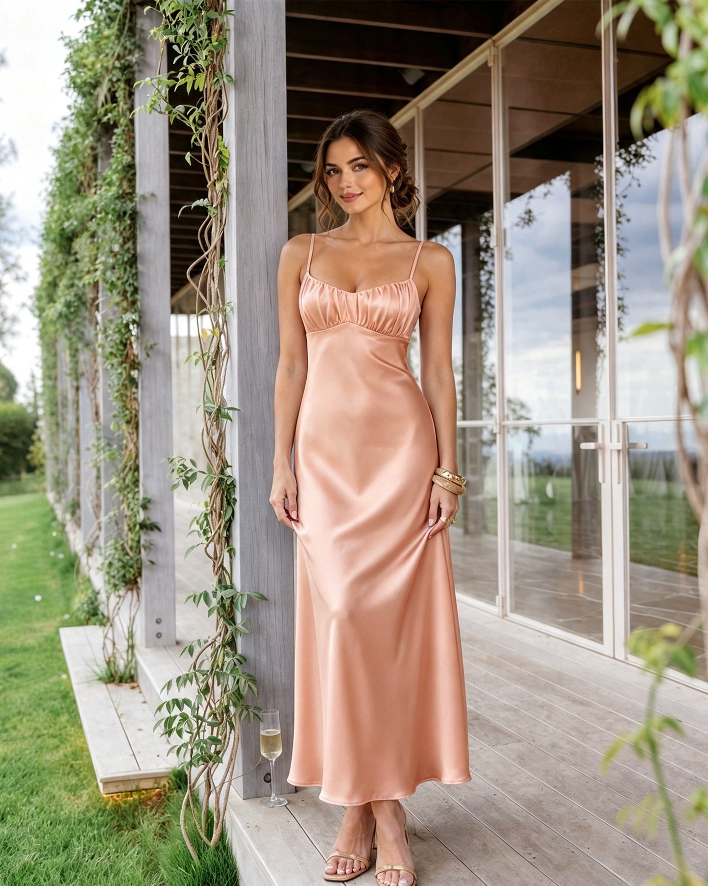 Spaghetti Strap Ruched Bust Satin Bridesmaid Dress with Tie-Back