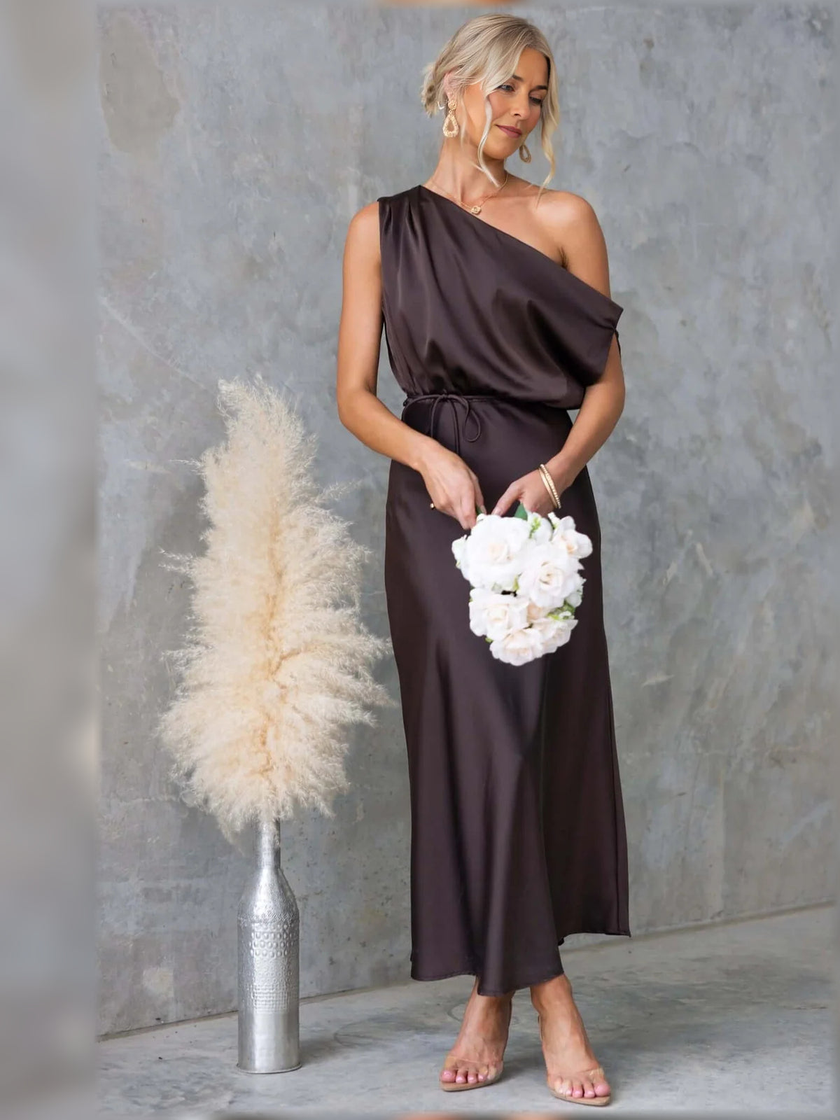 One Shoulder A-Line Ankle-Length Satin Bridesmaid Dress for Church Wedding