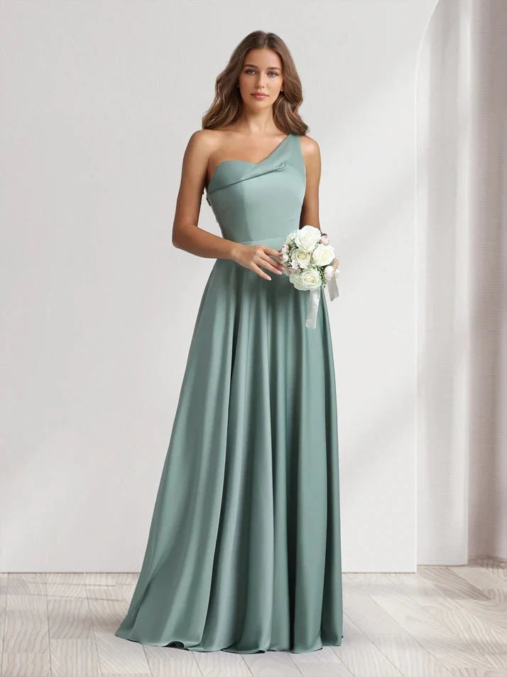 Dusty Sage One Shoulder A-Line Floor-Length Stretch Satin Prom Dress for Awards Dinner