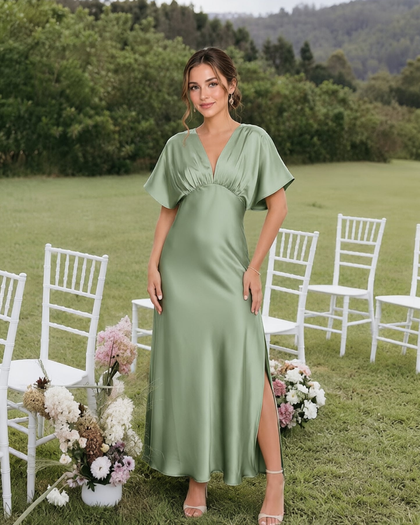Empire Waist Satin Bridesmaid Dress with Flutter Sleeves and Side Slit