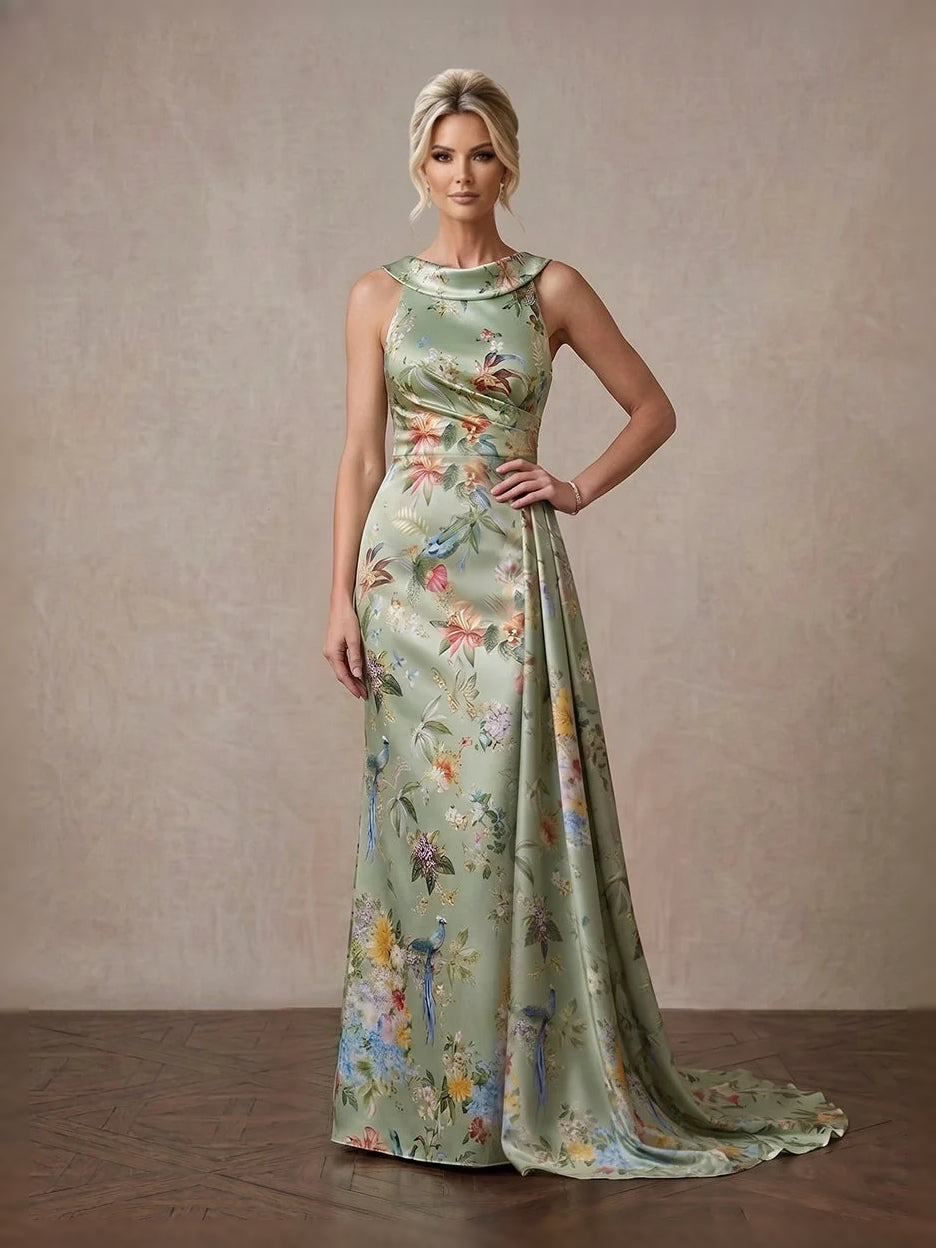 Draped Floral Halter Neck Sheath Floor-Length Satin Mother of the Bride Dress for Formal Wedding
