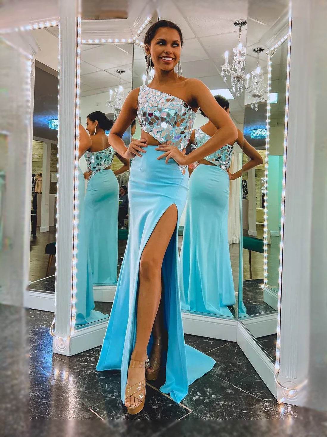 Turquoise Draped Cut-Out Slit Asymmetrical Neck Mermaid Maxi Satin Prom Dress for Black Tie Event