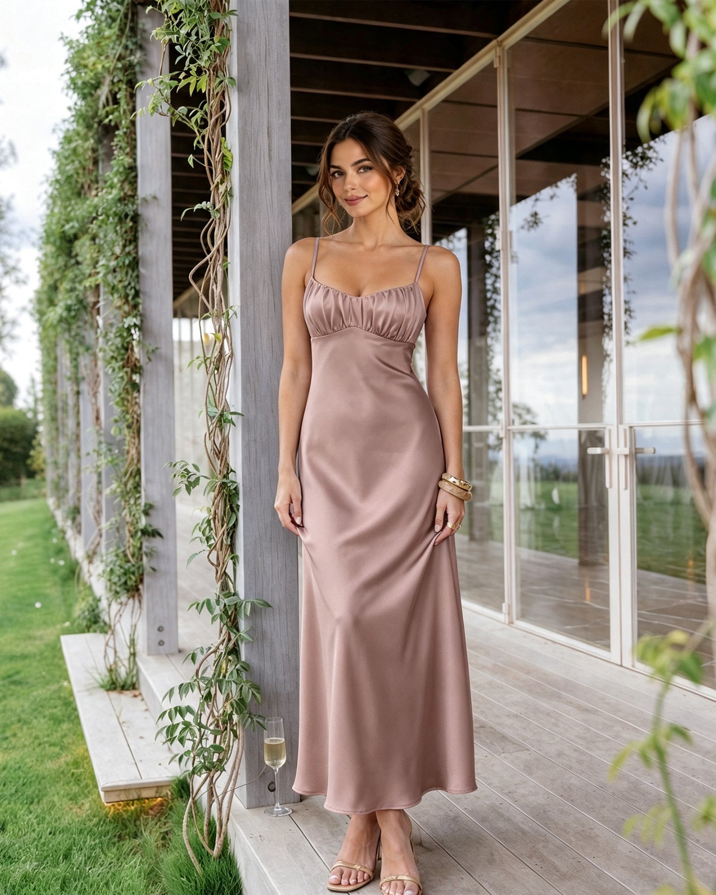 Spaghetti Strap Ruched Bust Satin Bridesmaid Dress with Tie-Back