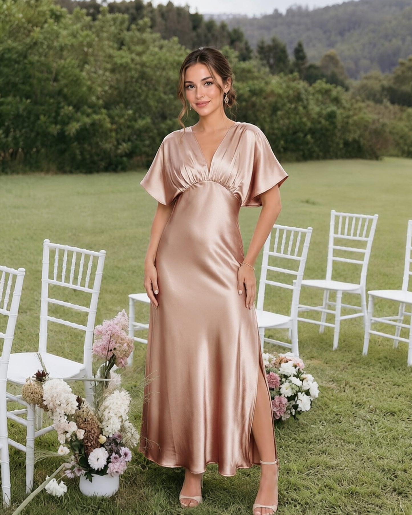 Empire Waist Satin Bridesmaid Dress with Flutter Sleeves and Side Slit