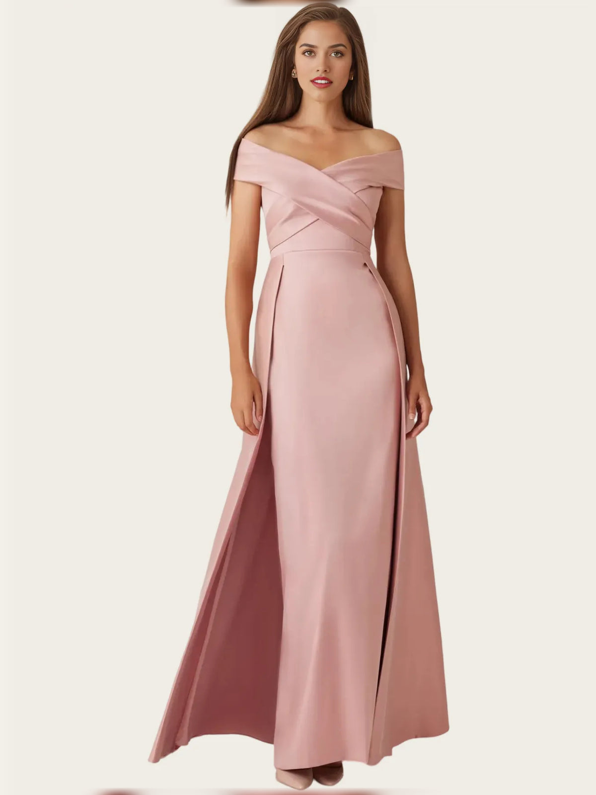 Draped Layered Off Shoulder A-Line Maxi Satin Mother of the Bride Dress for Destination Wedding