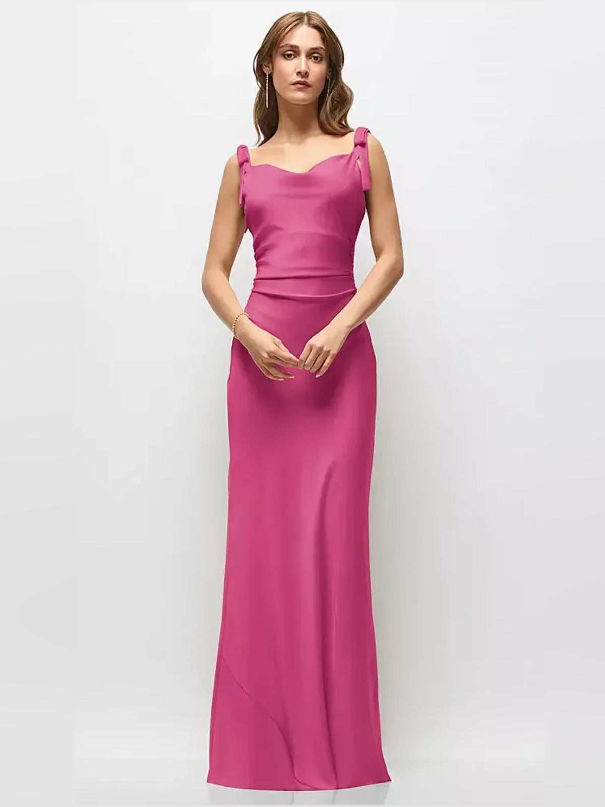Ruched Bow Strapless Bodycon Maxi Satin Bridesmaid Dress for Bridal Party