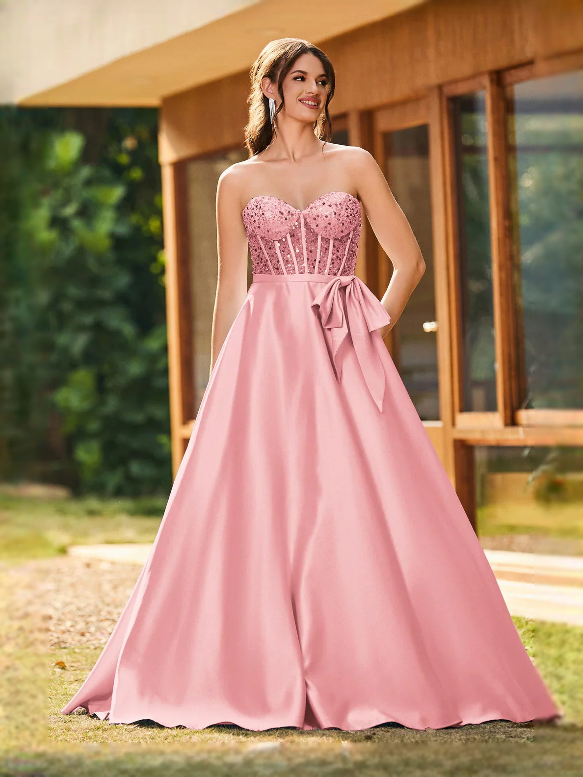 Draped Corset Sweetheart A-Line Floor-Length Satin Prom Dress for Black Tie Event