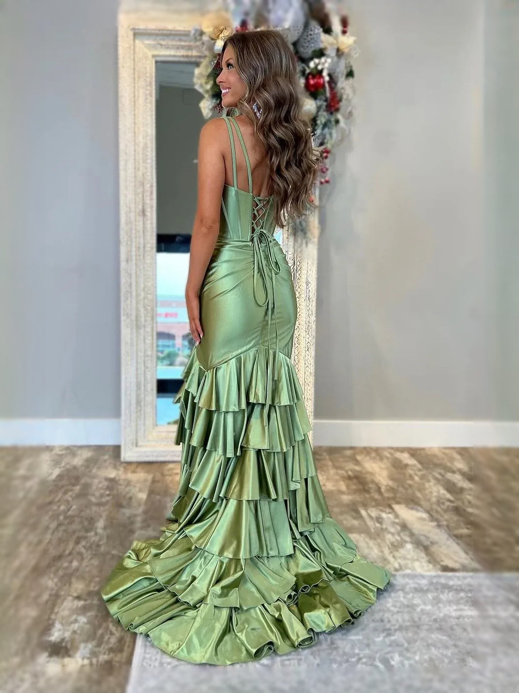 Olive Green Draped Corset Ruffled Slit V Neck Mermaid Maxi Satin Prom Dress for Black Tie Event