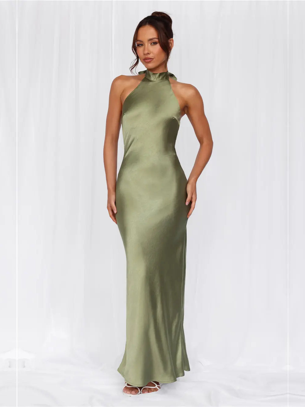 Halter Neck Sheath Satin Maxi Formal Dress
